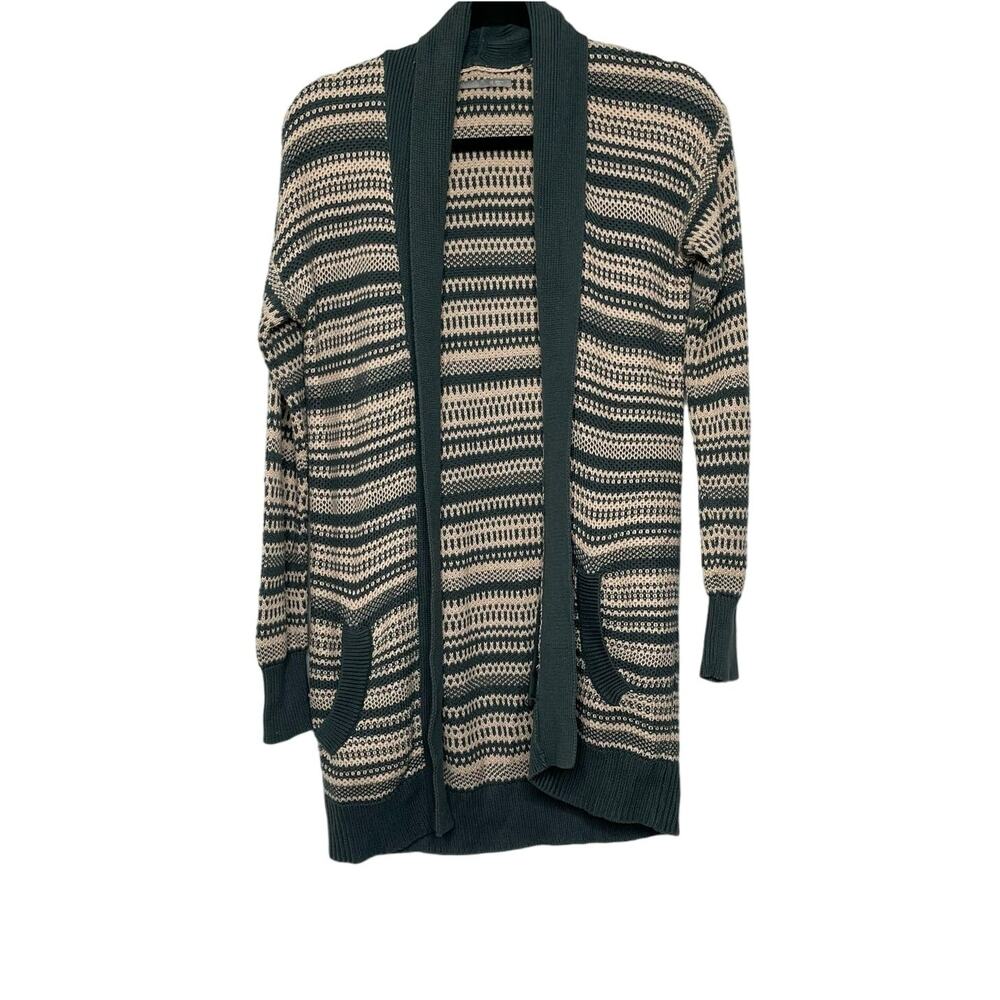 Rubbish XS Long Sweater Cardigan Stripes Grey Cream Granny Open Closure Pockets